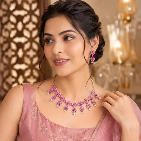 Pink_Oxidised_Silver_Plated_Floral_Necklace_Set_For_Women