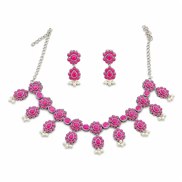 Pink_Oxidised_Silver_Plated_Floral_Necklace_Set_For_Women