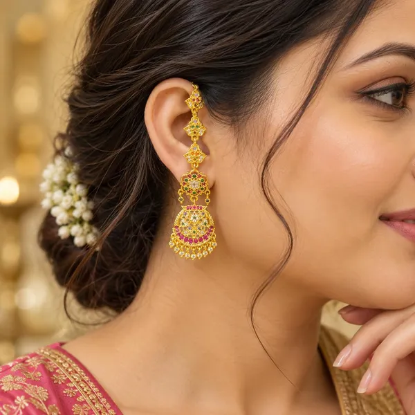 Gold_Brass_Stone_Embellished_Gold_Plated_Ear_Chain_Earrings_For_Women