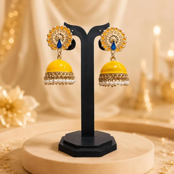 Yellow_Peacock_Meenakari_Jhumka_Earrings_With_Pearl_Drops_For_Women_-_Pack_of_2