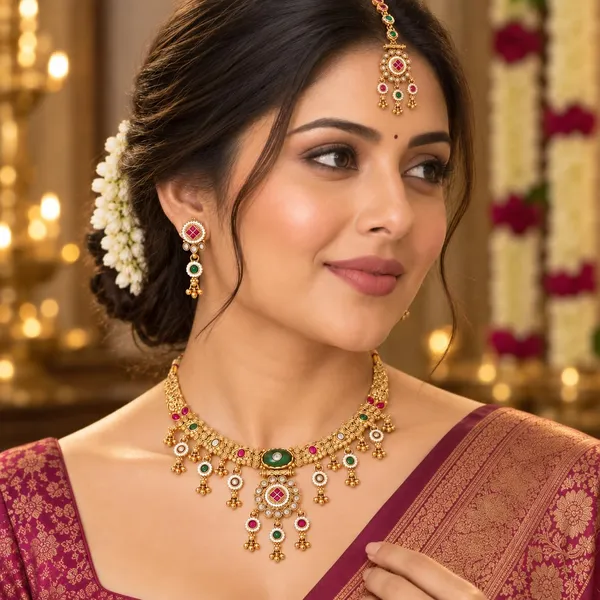 Emerald_Green_Pink_Brass_Kundan_Choker_Necklace_Set_With_Maang_Tika_For_Women