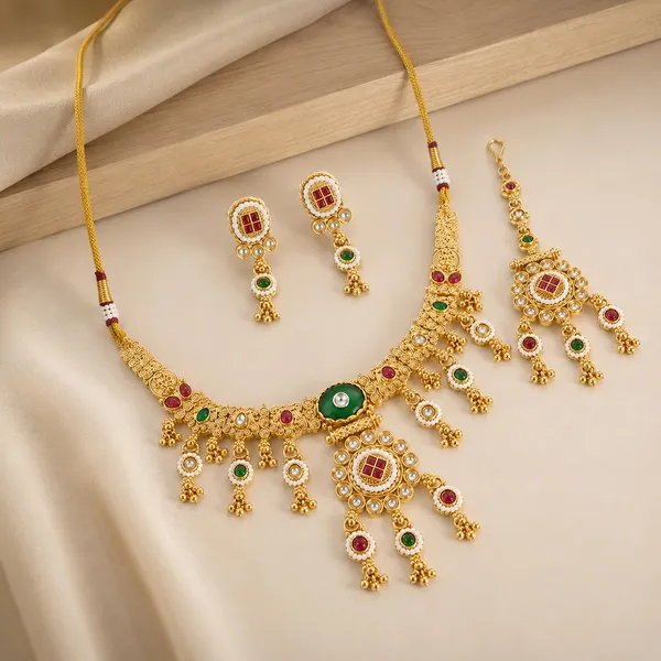 Emerald_Green_Pink_Brass_Kundan_Choker_Necklace_Set_With_Maang_Tika_For_Women