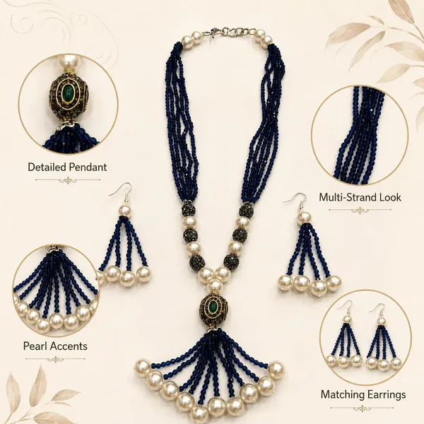 Navy_Blue_Gold_Plated_Brass_Multi-Strand_Pearl_Beaded_Necklace_Set_For_Women