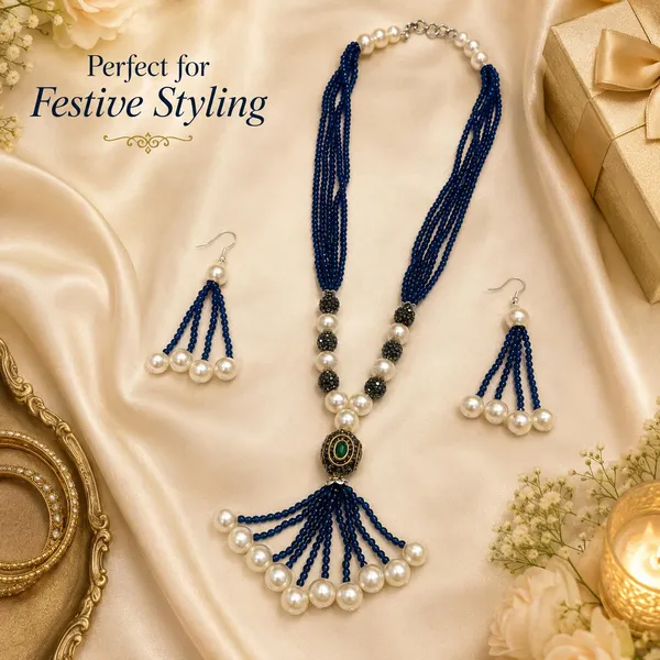 Navy_Blue_Gold_Plated_Brass_Multi-Strand_Pearl_Beaded_Necklace_Set_For_Women
