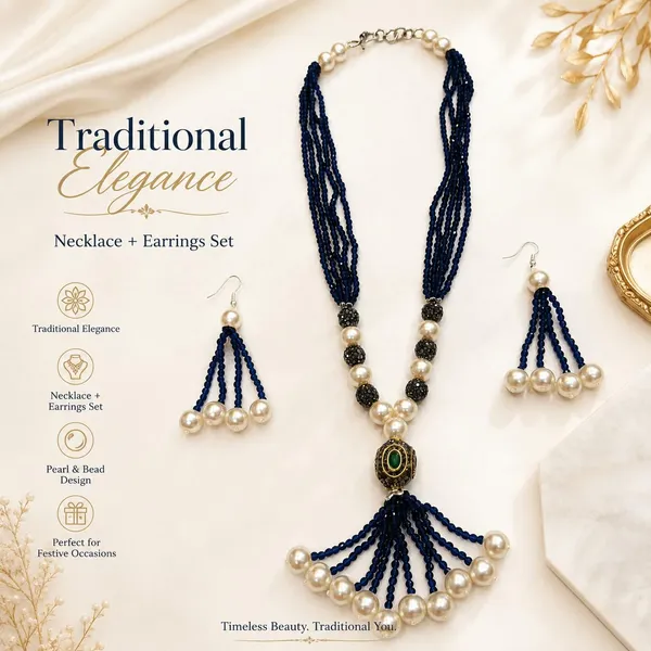 Navy_Blue_Gold_Plated_Brass_Multi-Strand_Pearl_Beaded_Necklace_Set_For_Women
