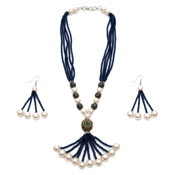 Navy_Blue_Gold_Plated_Brass_Multi-Strand_Pearl_Beaded_Necklace_Set_For_Women