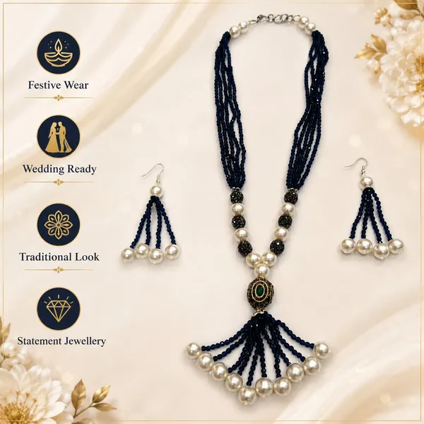 Navy_Blue_Gold_Plated_Brass_Multi-Strand_Pearl_Beaded_Necklace_Set_For_Women