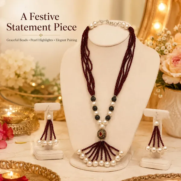 Maroon_Gold_Plated_Brass_Multi-Strand_Pearl_Beaded_Necklace_Set_For_Women
