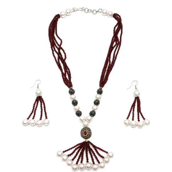 Maroon_Gold_Plated_Brass_Multi-Strand_Pearl_Beaded_Necklace_Set_For_Women