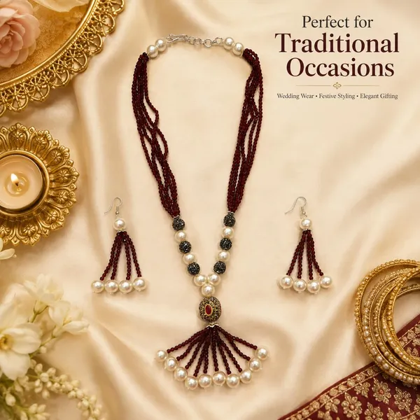 Maroon_Gold_Plated_Brass_Multi-Strand_Pearl_Beaded_Necklace_Set_For_Women