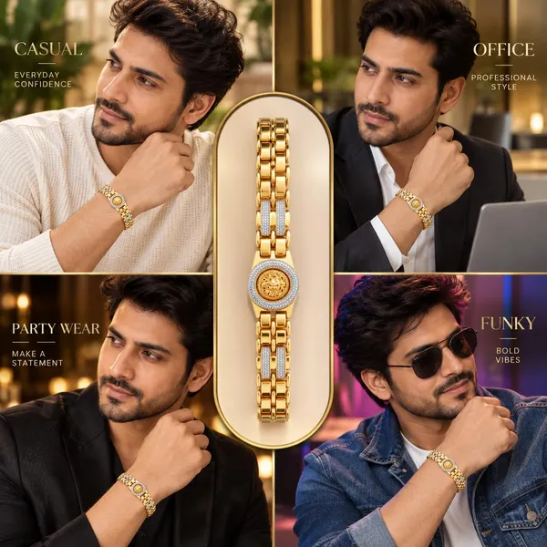 Gold_Brass_Lion_Medallion_Multi-Link_Bracelet_For_Men