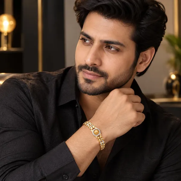Gold_Brass_Lion_Medallion_Multi-Link_Bracelet_For_Men