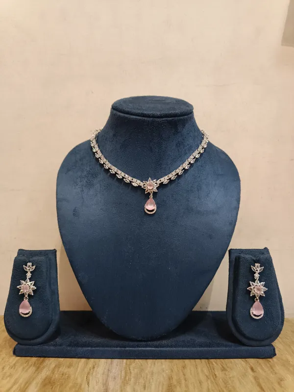 Silver_Brass_Pink_Stone_Necklace_And_Earrings_Set_For_Women