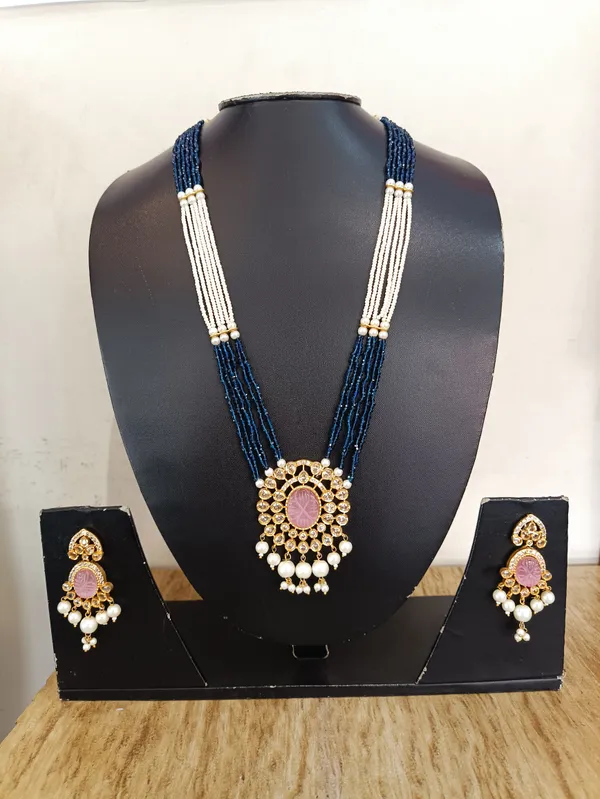 Blue_Beaded_Gold_Brass_Necklace_And_Earrings_Set_For_Women