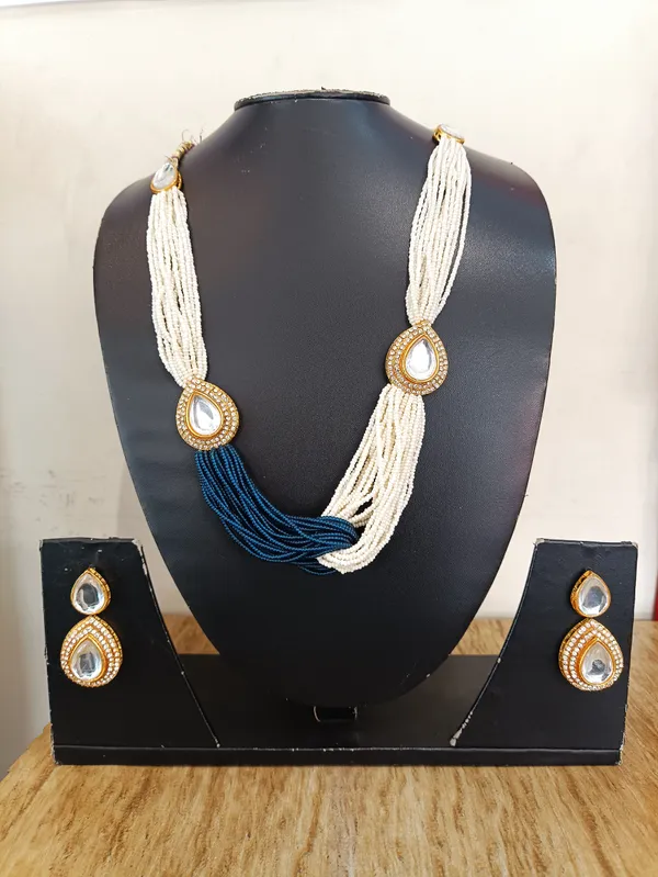 White_Blue_Beaded_Kundan_Gold_Brass_Necklace_Set_For_Women