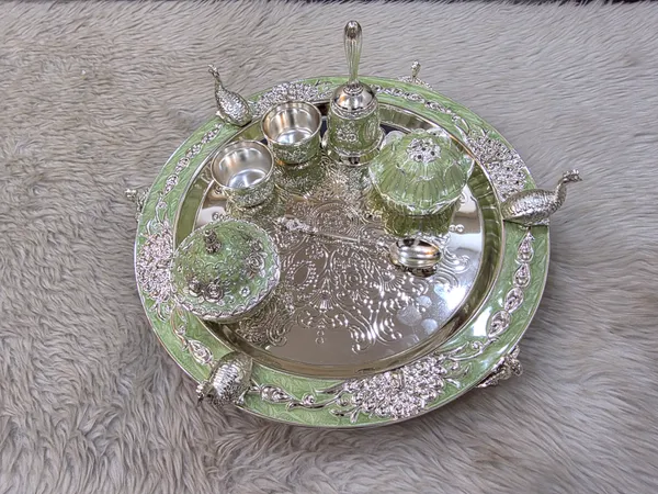 Silver_Tone_Ornate_Peacock_Serving_Tray_Set