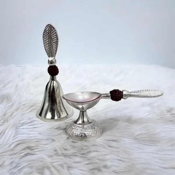 Silver-Tone_Embossed_Pooja_Bell_And_Diya_Set
