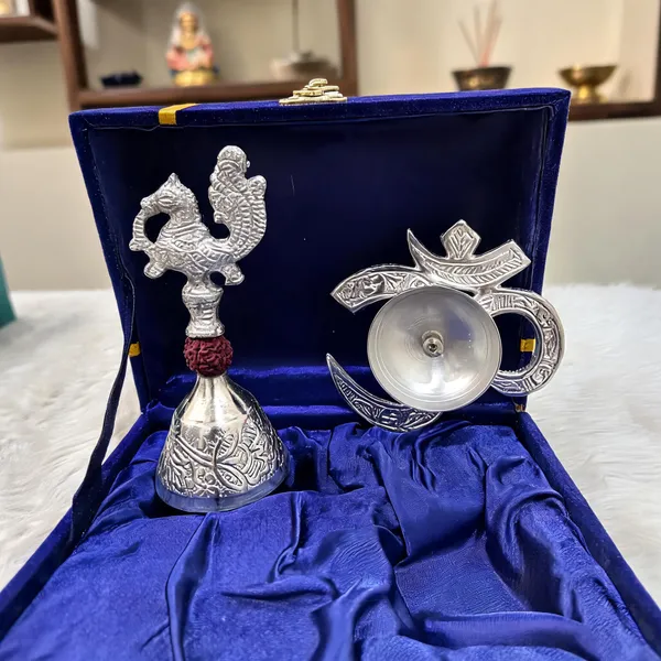 Silver-Tone_Embossed_Religious_Bell_And_Diya_Set