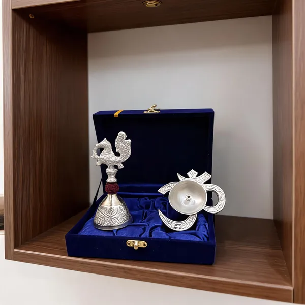 Silver-Tone_Embossed_Religious_Bell_And_Diya_Set