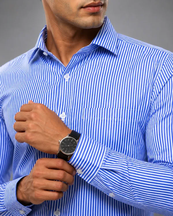 Blue_Pu_Fabric_Striped_Long_Sleeve_Shirt_For_Men