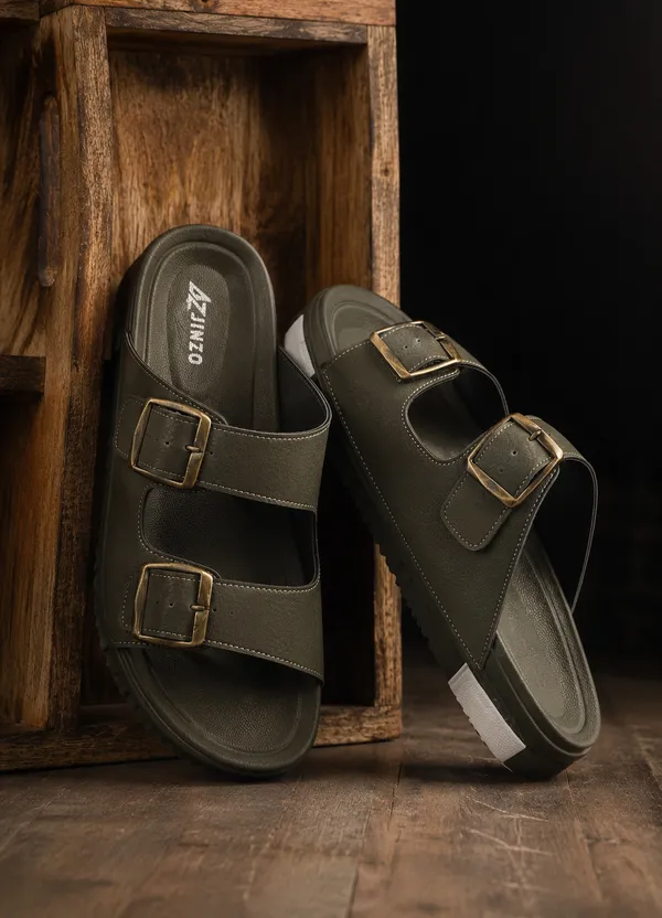 Green_Synthetic_Double_Buckle_Slip-On_Slippers_For_Men