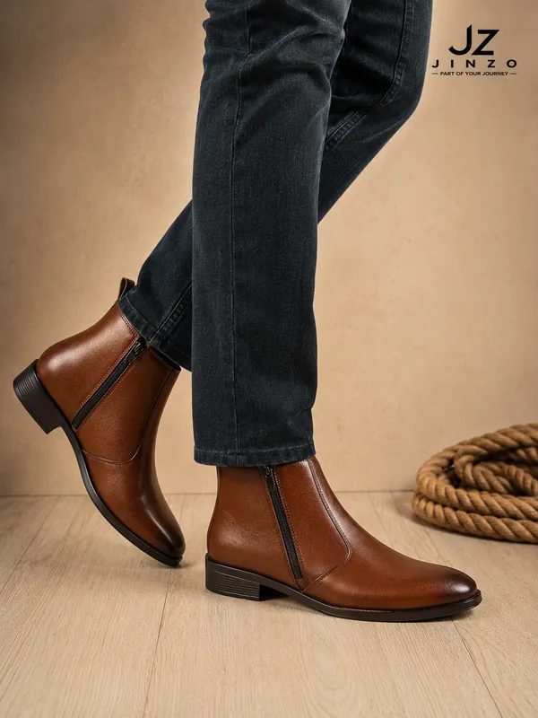 Tan_Synthetic_Side_Zip_Chelsea_Style_Dress_Boots_For_Men