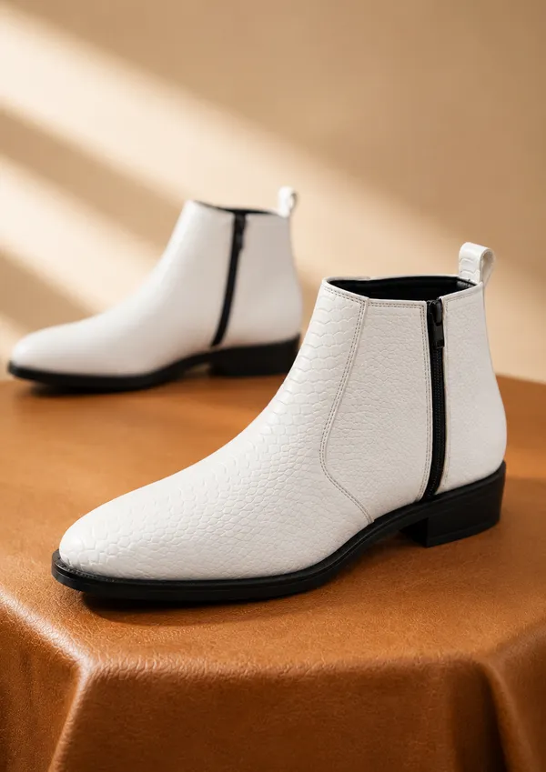 White_Synthetic_Side_Zipper_Chelsea_Ankle_Boots_For_Men