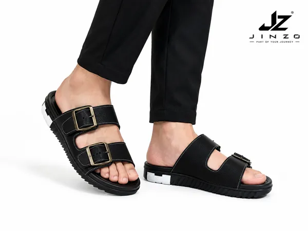 Black_Synthetic_Double_Buckle_Slide_Slippers_For_Men