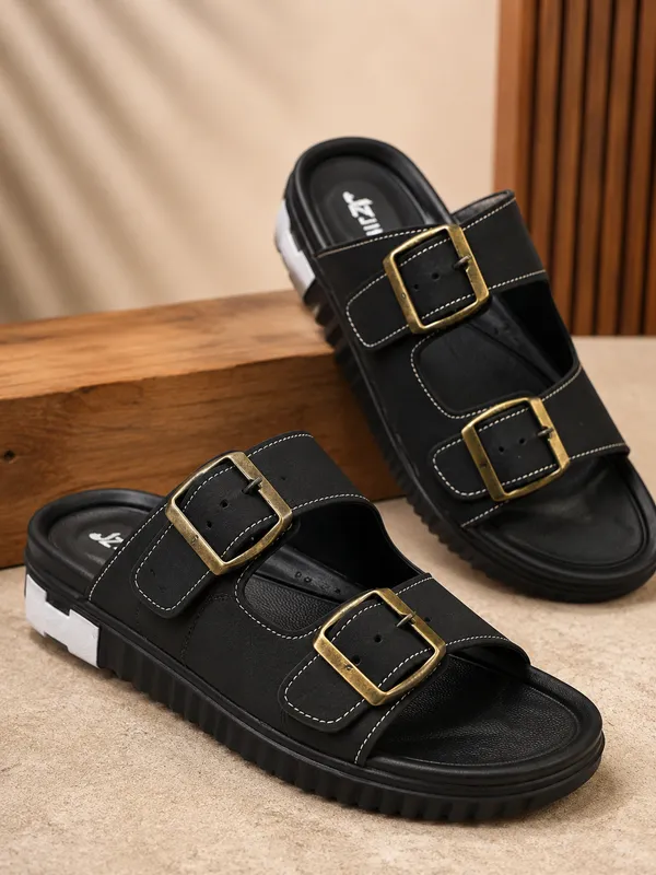 Black_Synthetic_Double_Buckle_Slide_Slippers_For_Men