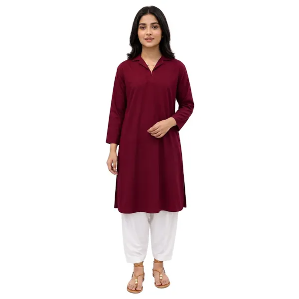 Maroon_Cotton_Striped_Collared_Kurta_For_Women