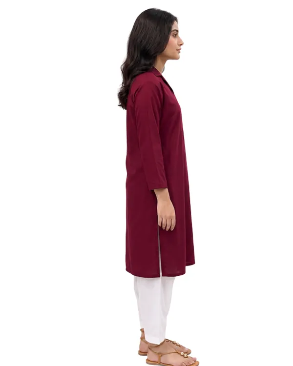 Maroon_Cotton_Striped_Collared_Kurta_For_Women