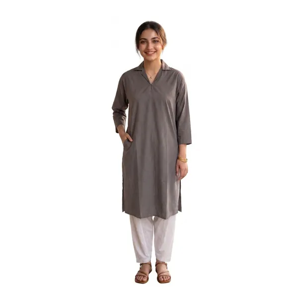 Grey_Cotton_Striped_Collared_Kurta_For_Women