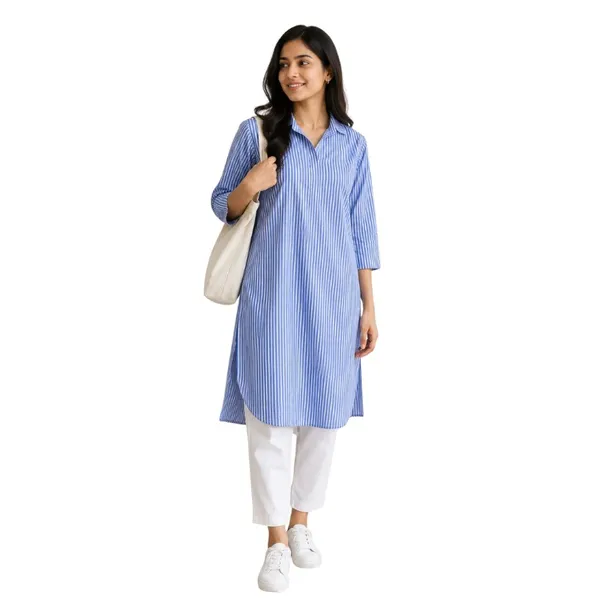 Blue_Cotton_Striped_Collared_Kurta_For_Women