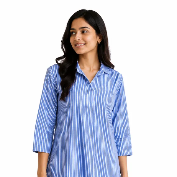 Blue_Cotton_Striped_Collared_Kurta_For_Women