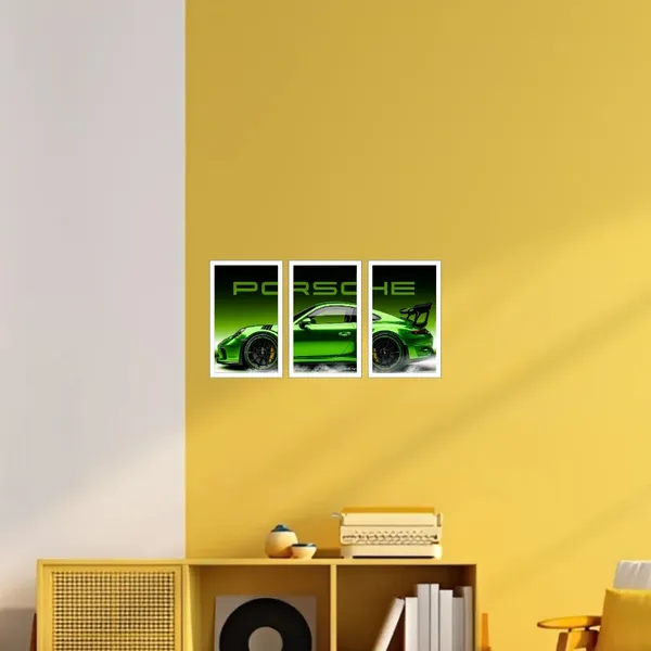 Acrylic_Automotive_Green_Sports_Car_Triptych_Wall_Painting