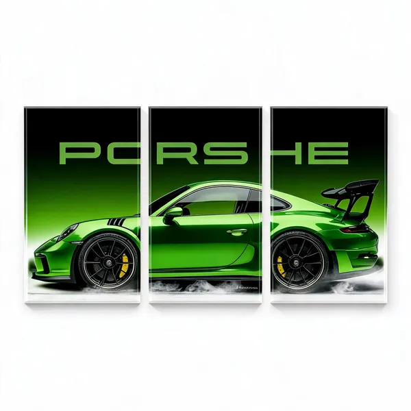 Acrylic_Automotive_Green_Sports_Car_Triptych_Wall_Painting