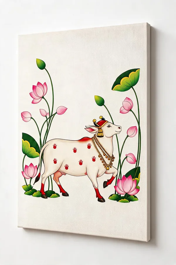 Stretched_Canvas_Traditional_Cow_Lotus_Wall_Painting