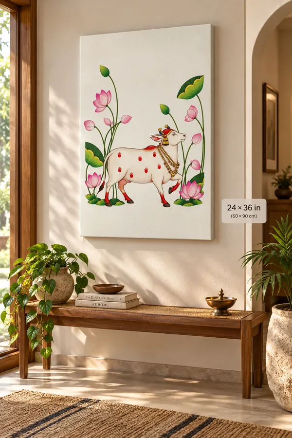 Stretched_Canvas_Traditional_Cow_Lotus_Wall_Painting