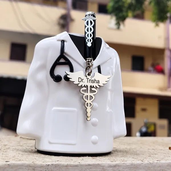 Doctor_Coat_Themed_Pen_Stand_With_Dr_Trisha_Plaque