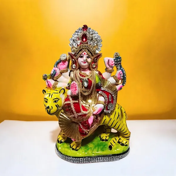 Multicolor_Clay_Durga_Idol_With_Tiger_For_Puja_(Pack_of__2_)