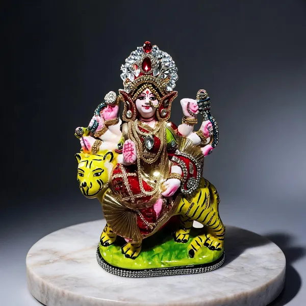 Multicolor_Clay_Durga_Idol_With_Tiger_For_Puja_(Pack_of__2_)