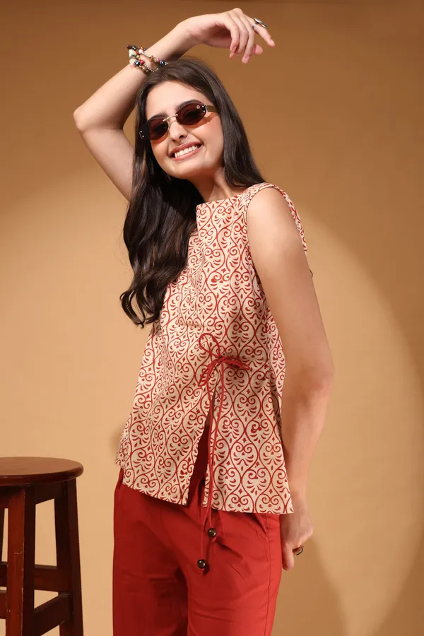 Elegant_Red_Palazzo_Co_Ord_Set_With_Printed_Sleeveless_Top_Side_Bow_Tie_Up_Indo_Western_Statement_Outfit_For_Women