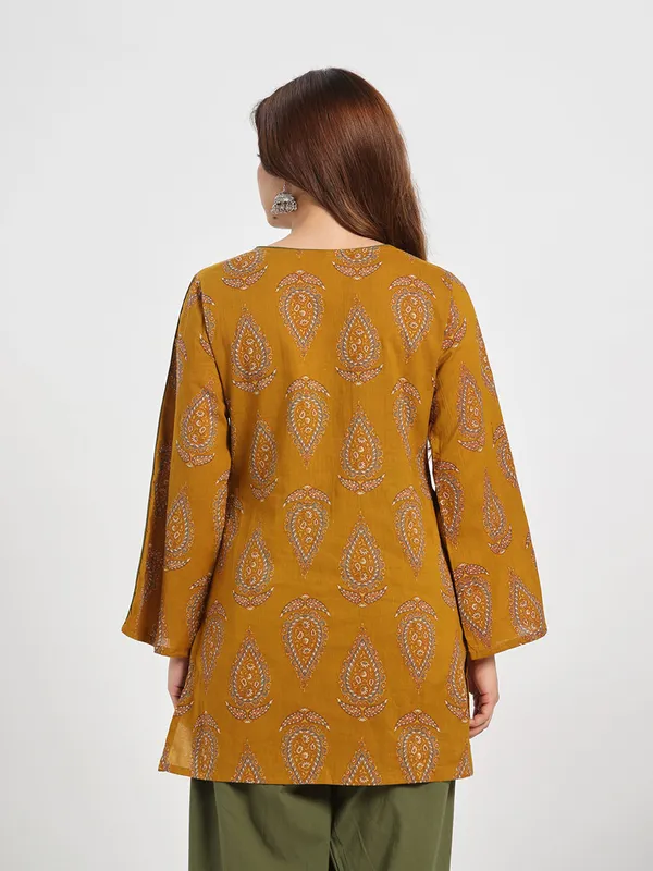 Mustard_Paisley_Printed_Cotton_Kurta_With_Olive_Green_Palazzo_Set_Mustard