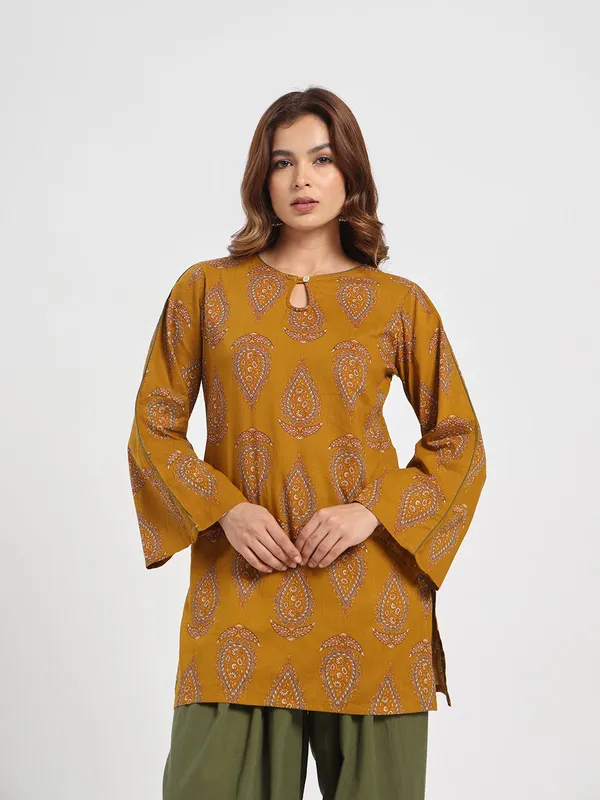 Mustard_Paisley_Printed_Cotton_Kurta_With_Olive_Green_Palazzo_Set_Mustard