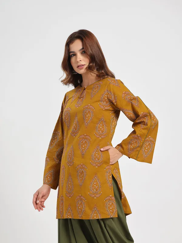 Mustard_Paisley_Printed_Cotton_Kurta_With_Olive_Green_Palazzo_Set_Mustard