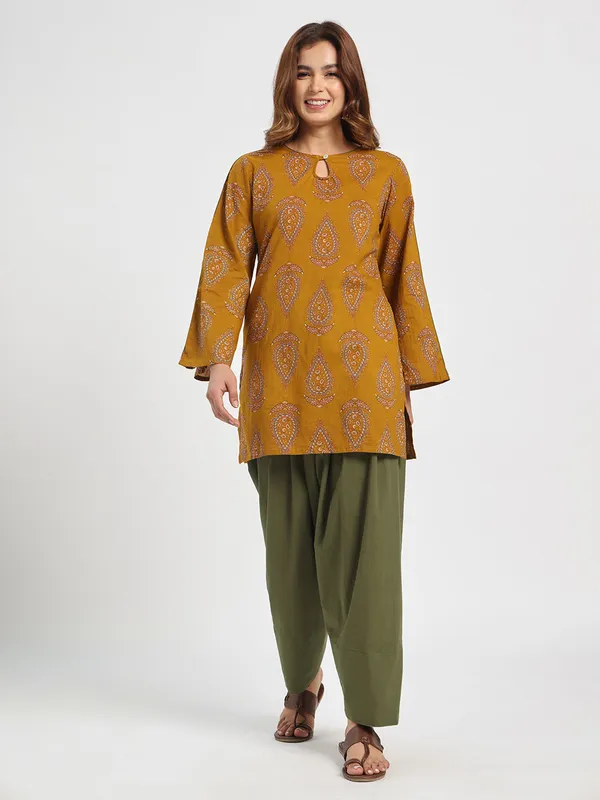 Mustard_Paisley_Printed_Cotton_Kurta_With_Olive_Green_Palazzo_Set_Mustard