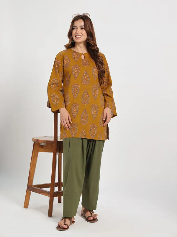 Mustard_Paisley_Printed_Cotton_Kurta_With_Olive_Green_Palazzo_Set_Mustard