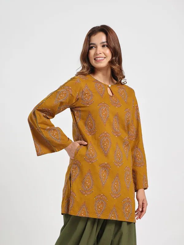 Mustard_Paisley_Printed_Cotton_Kurta_With_Olive_Green_Palazzo_Set_Mustard