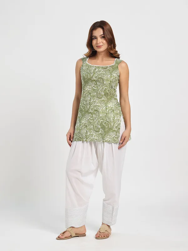 Klawesh_Olive_Green_Printed_Farsi_Set_For_Women