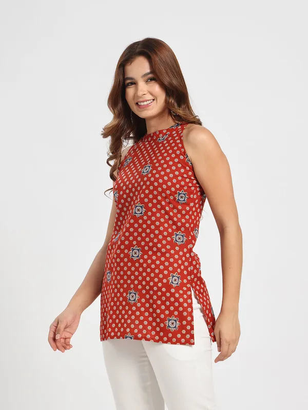 Womens_Rust_Red_Printed_High_Neck_Sleeveless_Top